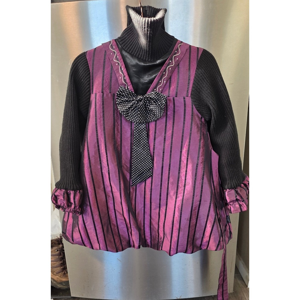 Carlfit Girls 17 Sweater Dress Purple Black Striped Bubble Hem Polka Dot Bow